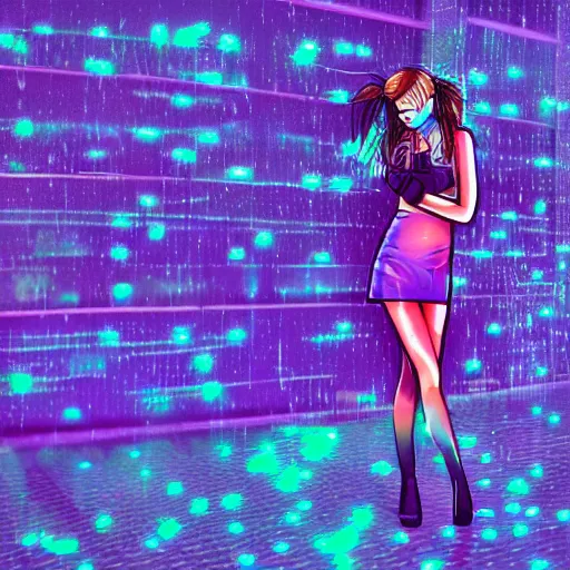 Prompt: digital illustration of a beautiful wet girl wearing a short skirt in the rain interacting with a holographic interface on a wall in a future cyber punk style city trending on art station