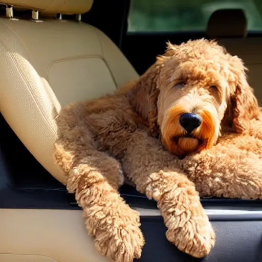 Image similar to a photo of a goldendoodle sleeping on the backseat of a car
