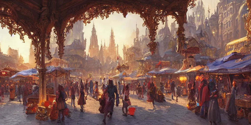 Prompt: a busy fantasy street market from within a beautiful and ornate city, by Sylvain Sarrailh, by Sebastian Luca, by Nicodemus Yang-Mattisson, cinematic, great composition, beautiful digital painting, oil painting, dungeons and dragons, lord of the rings