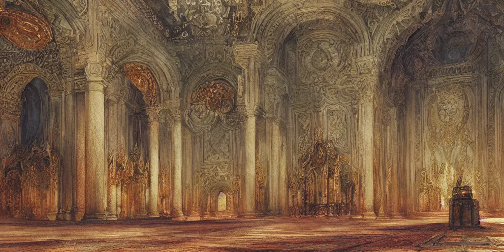 Prompt: a hiper intricate watercolor of a beatiful throne room, extremely detailed, sharp focus, elegant, wide view, smooth, digital illustration, colorfull, by william turner art, by greg rutowski