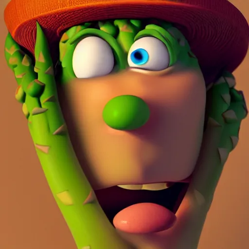 Prompt: a 3 d portrait of a handsome asparagus character from the movie sausage party with a devious look on it's face. cinema 4 d, maxon one, ue 5, very high aperture, subsurface scattering, volumetric lighting, perfect lighting, focus on face.