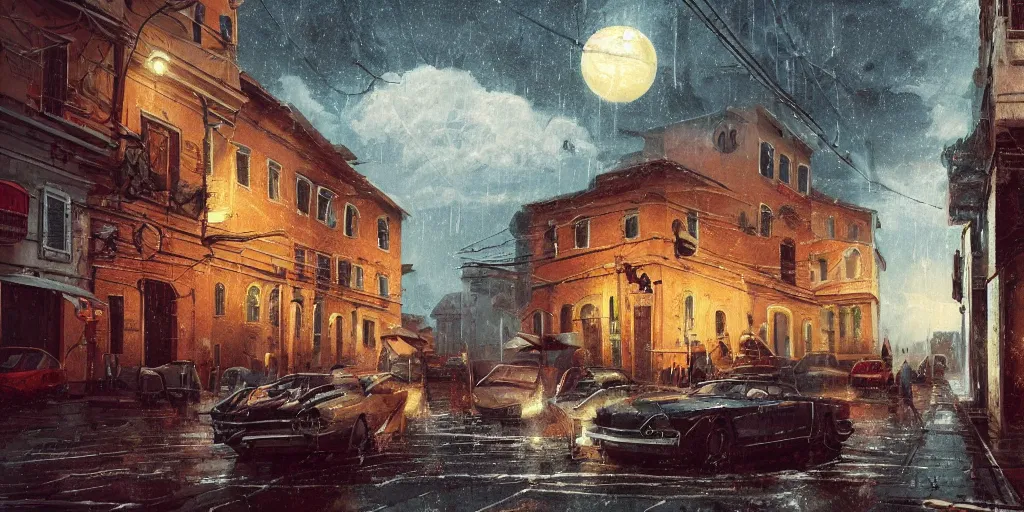 Prompt: rome style, small building, city, street, science fiction, cyberpunk, rain day, wide angle, many old cars, 1 9 6 0 s, planet saturn in sky, a lot of lights, cinematic lighting, high detail, digital painting, concept art, illustration, smooth, sharp focus, trending on artstation, trending on deviantart, 4 k