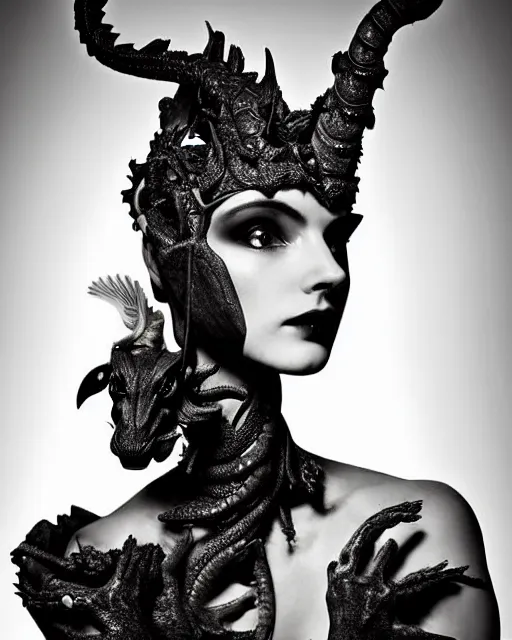 Image similar to a black and white high quality dreamy photo of a young beautiful female queen-dragon-vegetal-flower-cyborg bust with a very long neck, elegant, highly detailed, poetic, soft, dreamy, mysterious, high fashion, rim light, in the style of Ellen von Unwerth, Realistic, Refined, Digital Art, Highly Detailed, Cinematic Lighting, rim light, black and white, photo-realistic, 8K