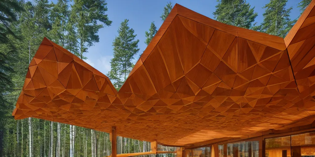 Prompt: faceted wooden roof planes lift and descend creating shade and architectural expression, highly detailed, situated on snow, vivid colors, lush vegetation