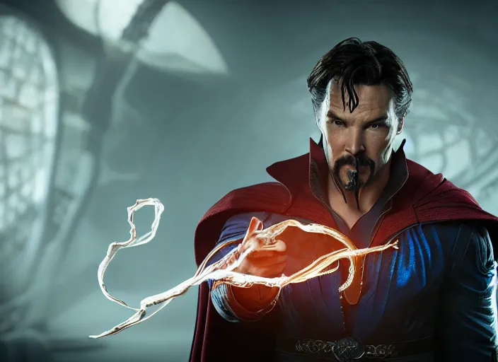 Image similar to venom fused with doctor strange, ultra realistic 4 k unreal engine very cinematic render with ray tracing bloom ambient occlusion strong reflections depth of field fog