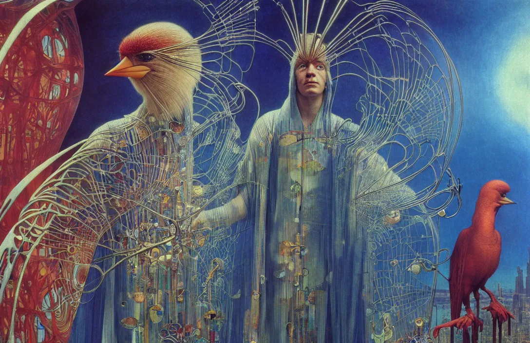 Image similar to realistic detailed portrait movie shot of a birdman wearing reflective transparent robes, sci fi city landscape background by denis villeneuve, amano, yves tanguy, alphonse mucha, ernst haeckel, max ernst, roger dean, masterpiece, rich moody colours, blue eyes