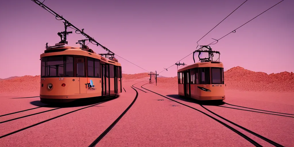 Prompt: tram in the desert ， quadspinner gaea ， 4 k resolution, ultra wide angle, cinematic, octane render