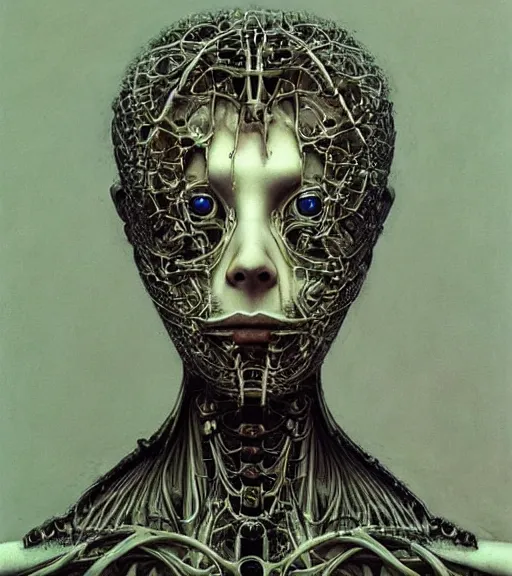 Image similar to beautiful portrait of biomechanical woman by zdislaw beksinski, beautiful, masterpiece, award - winning, complex