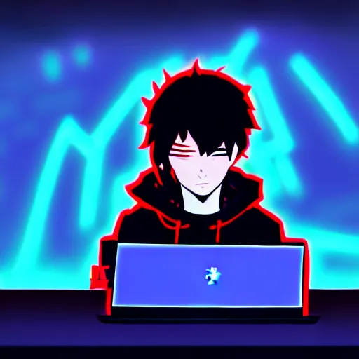 Prompt: a cyberpunk teenager boy with a black hoodie sitting behind his laptop and programming, digital art, anime style, trending on Artstation