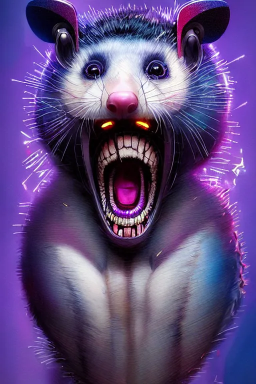 Image similar to a beautiful portrait of a cute cyberpunk opossum screaming by sandra chevrier and greg rutkowski and wlop, purple blue color scheme, high key lighting, volumetric light, digital art, highly detailed, fine detail, intricate, ornate, complex, octane render, unreal engine, photorealistic