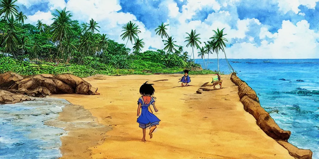 Image similar to sri lankan beach, drawn by hayao miyazaki