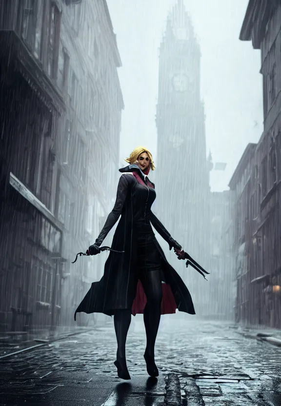 Image similar to beautiful model annie leonhart running on high heels in dunwall city, beautiful face, detailed face, cinematic lighting, rainy weather, melancholy atmosphere, volumetric light, octane render, dishonored 1, gothic architecture, realistic reflections, octane render 8 k, model agency