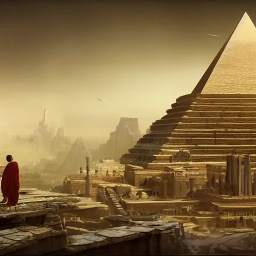 Image similar to a group of ancient sacred religious cult in robes studying in the middle of a technological sci fi advanced city with a large pyramid in its center, highly detailed, intricate, digital painting, trending on artstation, concept art, matte painting, art by greg rutkwowski, craig mullins, octane render, 8 k, unreal engine