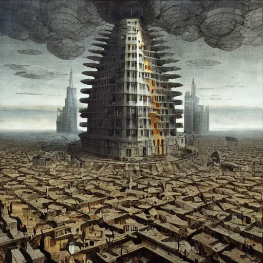 Prompt: sci fi containment building in a city, architecture detailed illustration surrealism by dariusz klimczak pieter bruegel