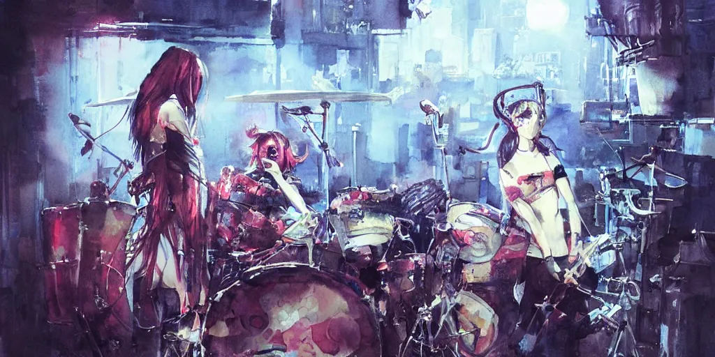 Image similar to Octopus girl playing R&R drum kit in the spotlight with rock band concert, cyberpunk, realistic, detailed, Industrial Scifi, paint, watercolor, in the style of Ashley Wood and Wadim Kashin