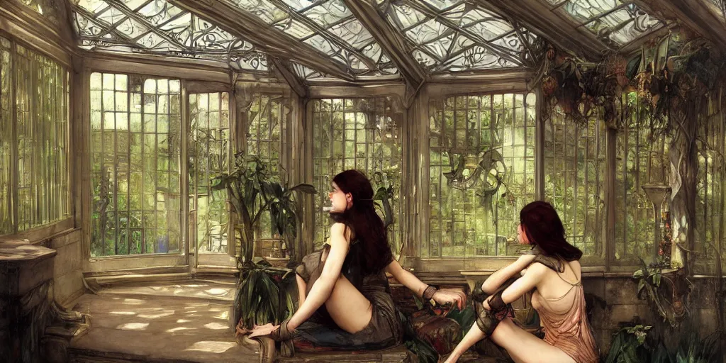 Image similar to ! dream artgerm, john william waterhouse style, long shot of bright sun with one beautiful girl sitting in a corner of an art nouveau style conservatory, atmospheric, highly detailed, 1 9 2 0's style speakeasy, digital painting, artstation, concept art, smooth, sharp focus, illustration,