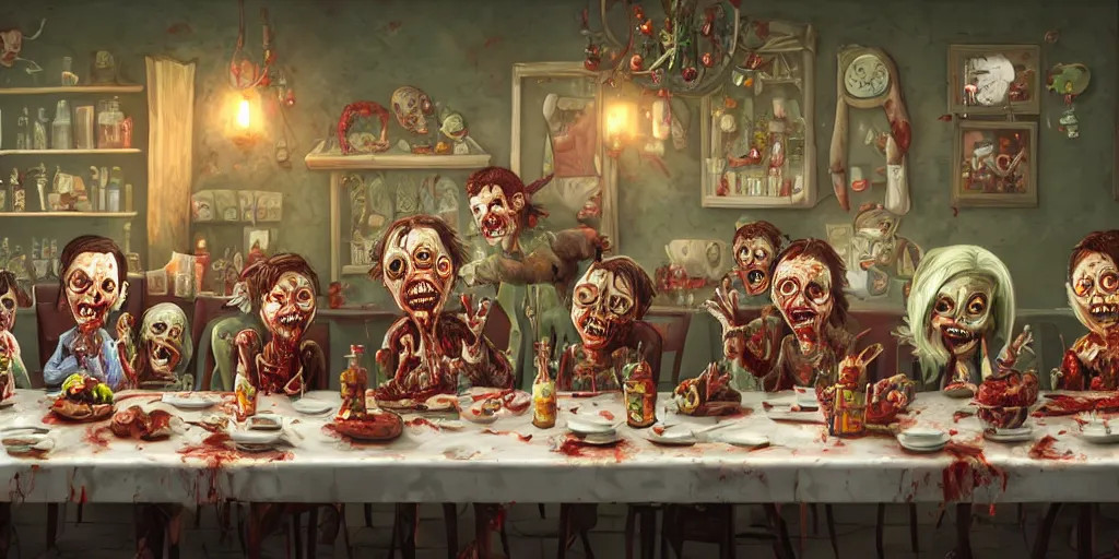 Image similar to a zombie family christmas diner, wide angle, super highly detailed, professional digital painting, artstation, concept art, smooth, sharp focus, no blur, no dof, extreme illustration, unreal engine 5, photorealism, hd quality, 8 k resolution, cinema 4 d, 3 d, beautiful, cinematic, art by tim burton