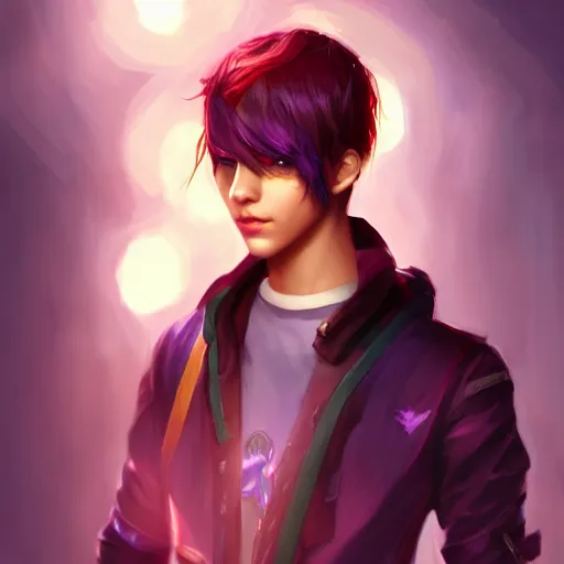 Image similar to colorful and festive captivating teenager boy with straight purple hair, purple eyes with red eye markers, slim body, wearing japanese combat clothes. rich vivid colors, ambient lighting, dynamic lighting, 4 k, atmospheric lighting, painted, intricate, highly detailed by charlie bowater