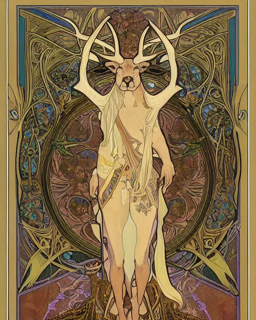 Image similar to an art nouveau painting of a deer with antlers, highly detailed, intricate, artstation, by alphonse mucha and james gurney