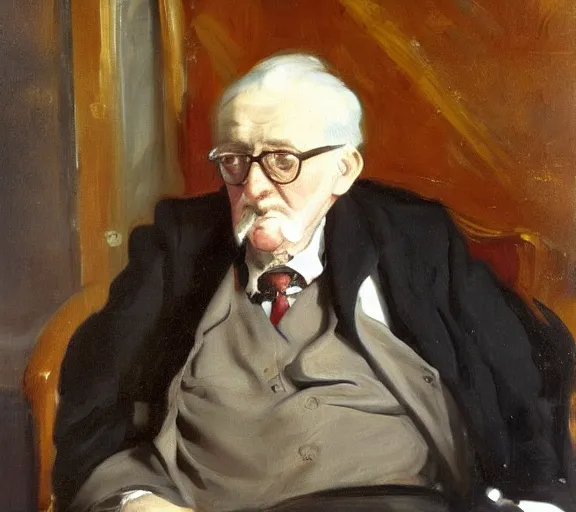 Prompt: studio portrait of a wizened old man with glasses, oil painting by John Singer Sargent