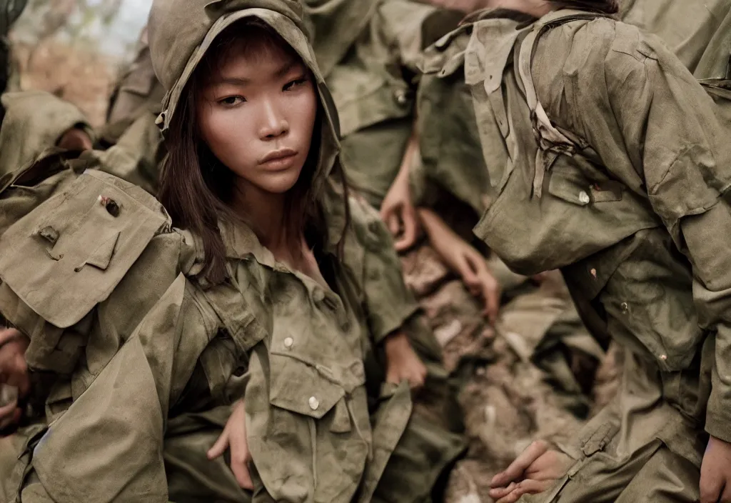 Image similar to fashion editorial in vietnam war. hyperrealistic. detailed. depth of field. high definition. 8k. depth of field. photography.