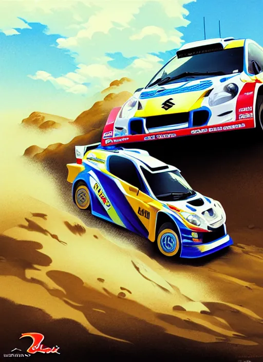 Image similar to suzuki pikes peak rally car, natural lighting, path traced, highly detailed, high quality, digital painting, by don bluth and ross tran and studio ghibli and alphonse mucha, artgerm