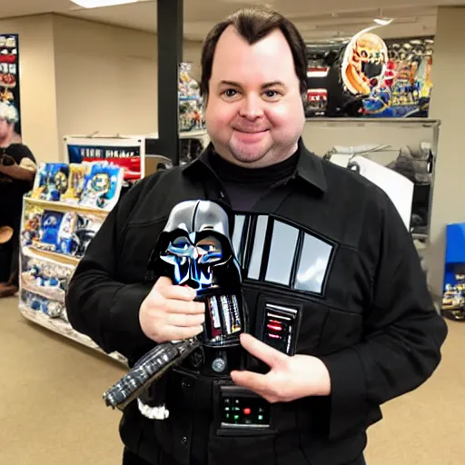 Image similar to Rich Evans with a Darth Vader! helmet! holding a Astromech toy!