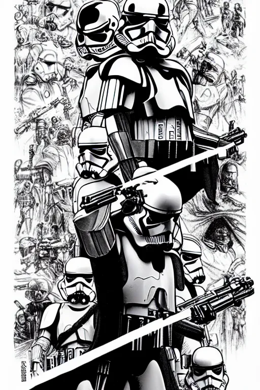 Image similar to platonic ideal of george lucas, luke skywalker, detailed stormtroopers, darth vader wearing a long flowing cape, action pose, intricate, volumetric lighting, moebius, geof darrow, frank miller, dan mumford, poster,