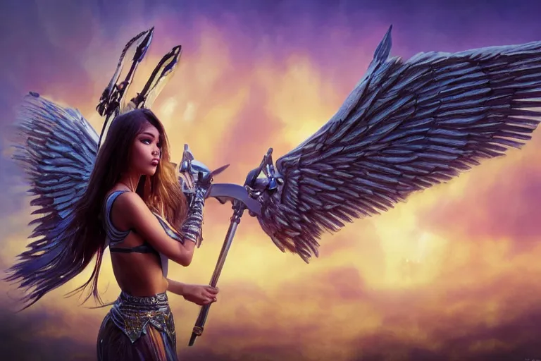 Image similar to wide - shot | dslr | madison beer | as a valkyrie warrior | giant winged horse | detailed face | rain | raytracing!!! | arrows | sunset | smoke | ethereal | golden hour | by victor nizovtsev, john blanche, werner herzog | fantasy | highly detailed | north mythology | realism | film | cinematic 4 k | upscaled!!!