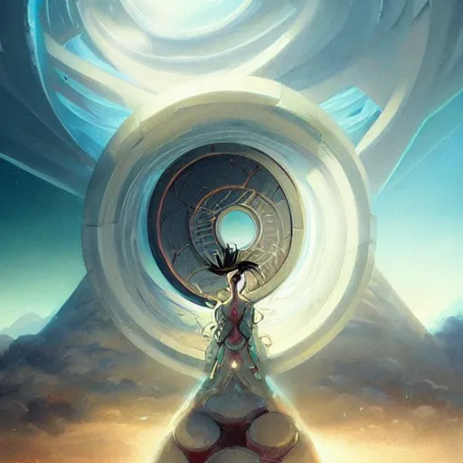 Image similar to highly detailed peter mohrbacher illustration of a stargate made of stone that forms a circle, cinematic view, epic sky