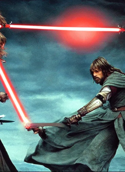 Prompt: Brutal combat Aragorn vs Luke Skywalker. Film still. Aragorn on the left side and Luke Skywalker with red light saber on the right side in the middle earth near broken X-wing ship, high detail