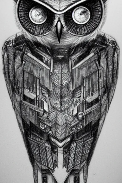 Prompt: detailed pencil drawing of an cyberpunk owl, she has mechanical wings, and the left eye is the lens of a camera