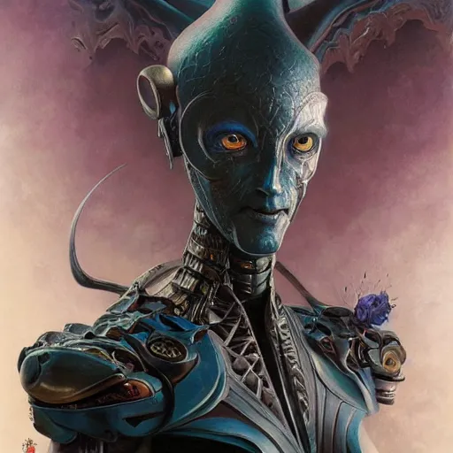 Prompt: beautiful evil fantasy character portrait, ultra realistic, cyborg, wide angle, intricate details, ninja artifacts, highly detailed by peter mohrbacher, hajime sorayama, wayne barlowe, boris vallejo, aaron horkey, gaston bussiere, craig mullins