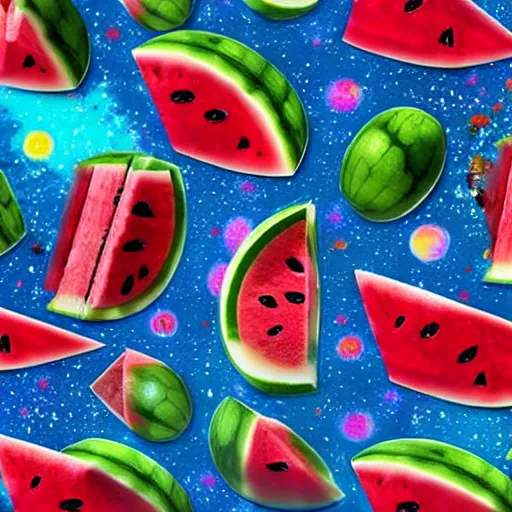 Image similar to a watermelon galaxy, with various colourful planets