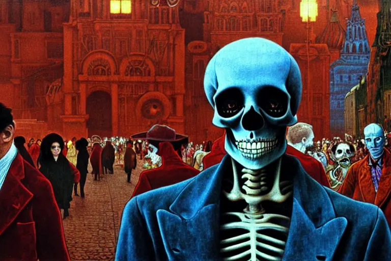 Image similar to realistic detailed photorealistic film portrait shot of a single skeleton wearing crimson velvet blazer in a crowded futuristic moscow street by Denis Villeneuve, Amano, Yves Tanguy, Alphonse Mucha, Ernst Haeckel, Andrei Tarkovsky, Edward Robert Hughes, Roger Dean, rich moody colours, wide angle, blue eyes