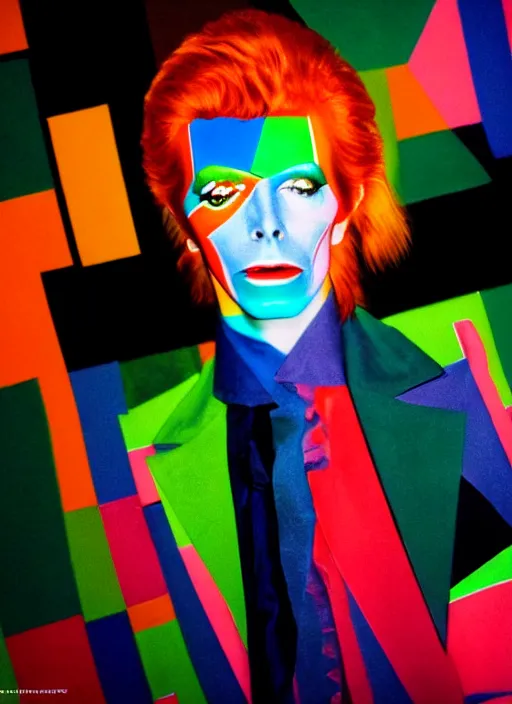 Prompt: portrait close up of david bowie music clip with sonia delaunay clothing, neon lights, photorealistic, eastman kodak