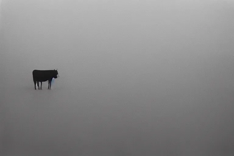 Prompt: film photography, straight colors, minimalism, cow in the blue fog, 35mm