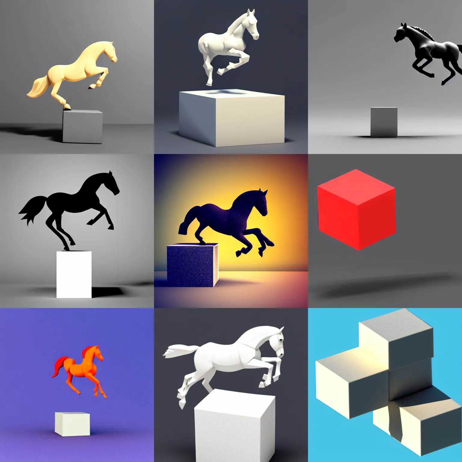 Prompt: an isometry view of a minimalistic horse jumping on top of a cube, minimalist style, 3 d render