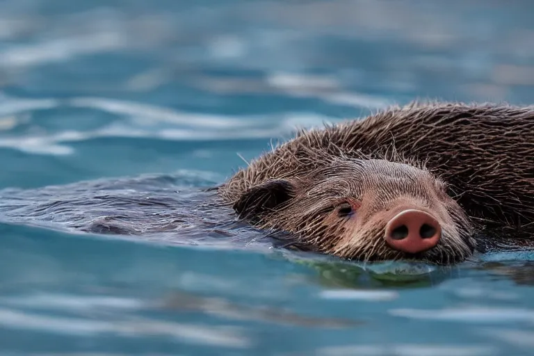 Image similar to a pig sea otter!!! hybrid! hyper realistic!! realistic lighting!! wildlife photographer of the year!!! bold natural colors, national geographic, hd, wide angle, 8 k