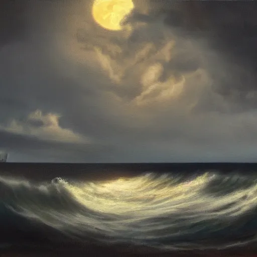 Prompt: a moody, atmospheric painting of a stormy sea under a full moon