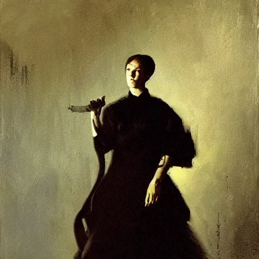 Image similar to portrait of a mysterious woman with a long shadow, by Ilya Repin and Dave McKean