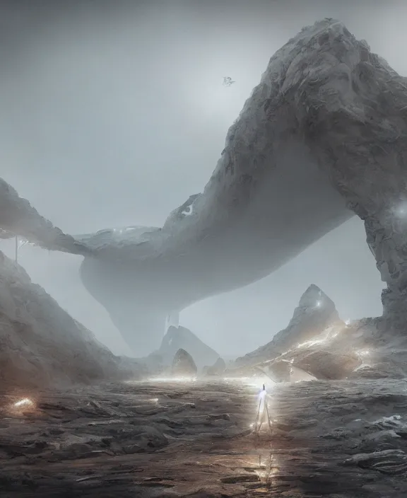 Image similar to surreal epic, masterpiece, romantic prometheus white exploration base, ancient ochre palette, impossible architecture by ruan jia, mecha floor, futuristic, blame, white architecture in the beach in iceland, foggy, highly detailed, digital painting, arstation, concept art, hyperealistic octane render, unreal engine