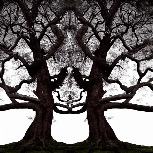 Prompt: Two trees with conjoined branches, 4k UHD, desktop wallpaper, dark fantasy