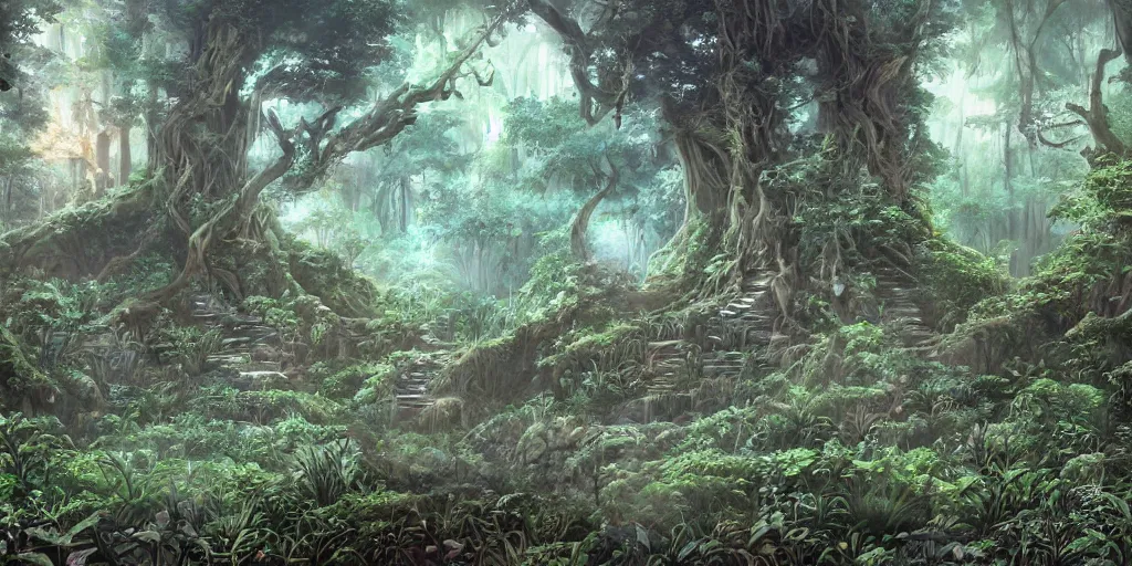 Image similar to ancient magical overgrown ruins, mysetrious etherial mesmerizing atmosphere, beautiful lighting, secret runestones, nordic forest, extremely intricate, hyper detailed, hd, legend of zelda, studio ghibli art, masterpiece