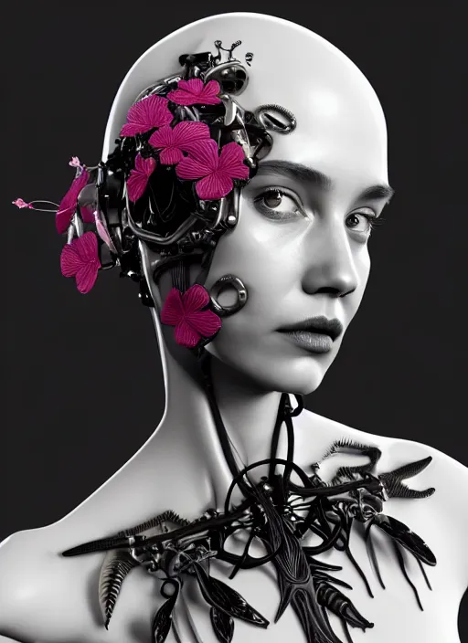 Image similar to monochrome 3 d model, biomechanical beautiful young female cyborg with porcelain profile face and a big floral eye, volumetric light, leaves foliage and stems, hibiscus flowers, boho floral vines, sinuous fine roots, fine foliage lace, alexander mcqueen, rim light, big gothic fashion pearl embroidered collar, steampunk, octane render, 8 k