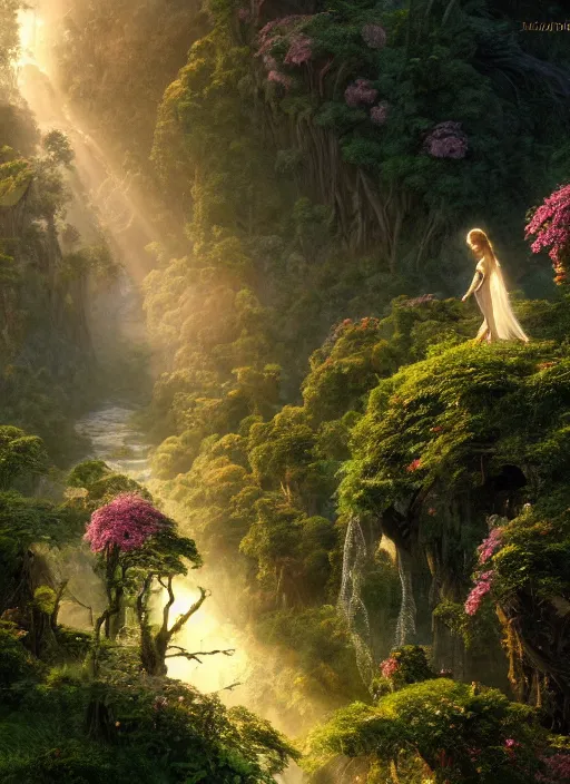 Image similar to in the distance an elegant fairy with wings of lace in a lord of the rings scenery landscape, a vast lush valley flowers and wood structures, stream, sunrise, god's rays highly detailed, vivid color, cinematic lighting, perfect composition, 8 k, gustave dore, derek zabrocki, greg rutkowski, belsinski, octane render