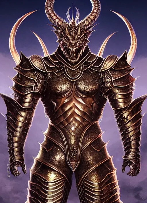 Image similar to muscular and tall humanoid dragon!!!! draconian!! intricate ornate iridescent heavy armor!! character concept art, sharp focus, octane render! unreal engine 5! highly rendered!! trending on artstation!! detailed linework!! illustration by artgerm, wlop, and chie yoshii