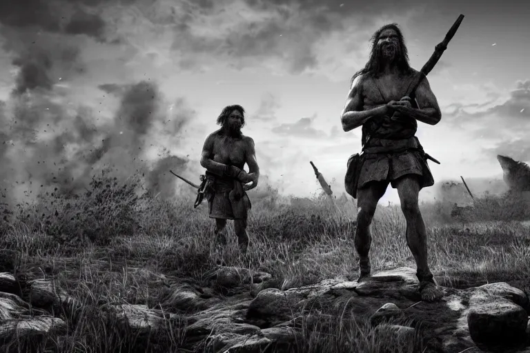 Image similar to still photo of stone age man looking at the camera in a battlefield, black and white color aesthetic, highly detailed, photorealistic portrait, bright studio setting, studio lighting, crisp quality and light reflections, unreal engine 5 quality render