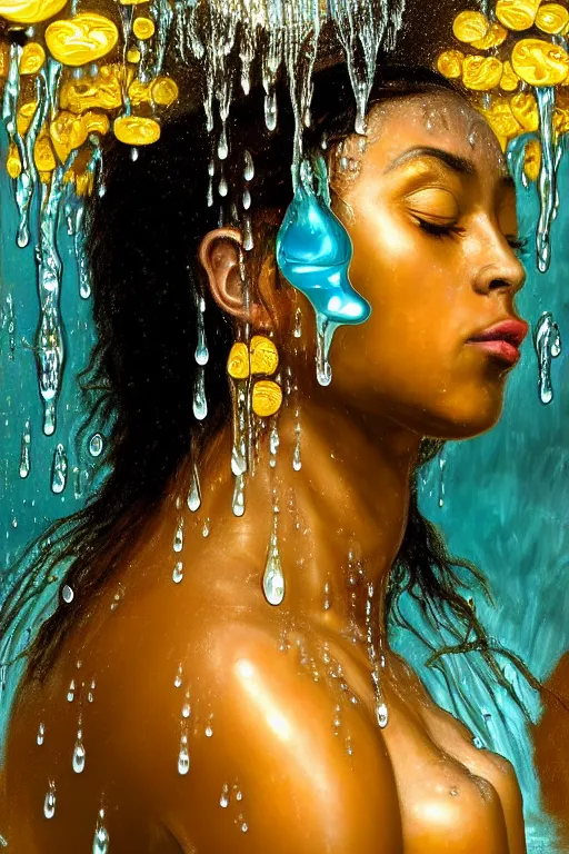 Image similar to hyperrealistic precisionist cinematic profile very expressive! oshun goddess, in water! john everett millais, mirror dripping droplet!, gold flowers, highly detailed face, digital art masterpiece, smooth eric zener cam de leon, dramatic pearlescent turquoise light on one side, low angle uhd 8 k, shallow depth of field