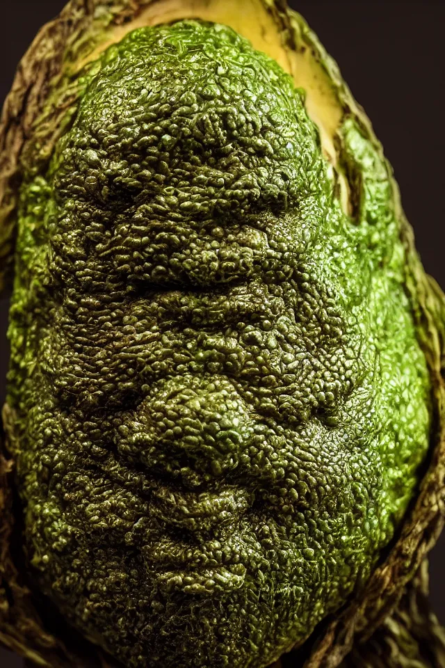 Image similar to renaissance portrait close up of highly detailed respected dragonskinned avocado, fake mustache, dramatic cinematic lighting, 8 k